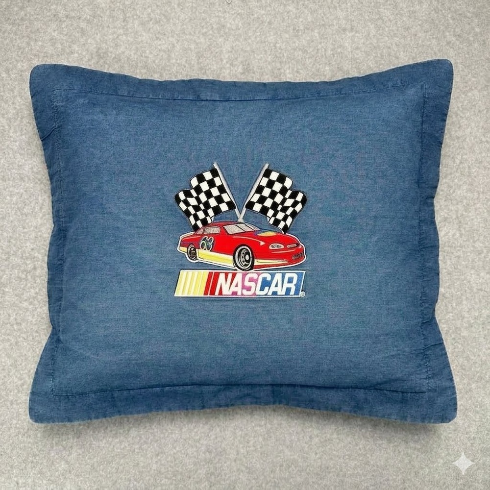 VTG 90s NASCAR 63 Racing Car Embroidered Denim Pillowcase Cotton Made in USA